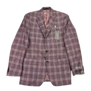 Michael Kors Mens Kent Classic Fit Stretch Plaid Sport Coat Burgundy Blue 38R